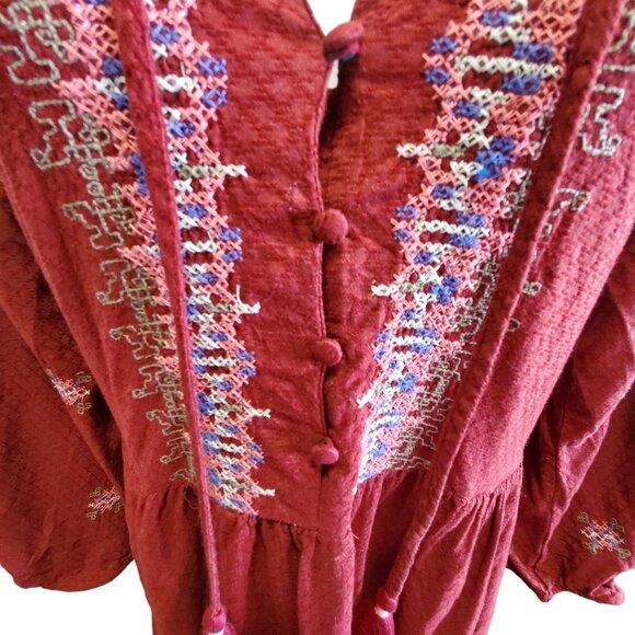 Knox Rose Womens Bohemian Embroidered Mini Dress Maroon Long Sleeve Small - Picture 7 of 12